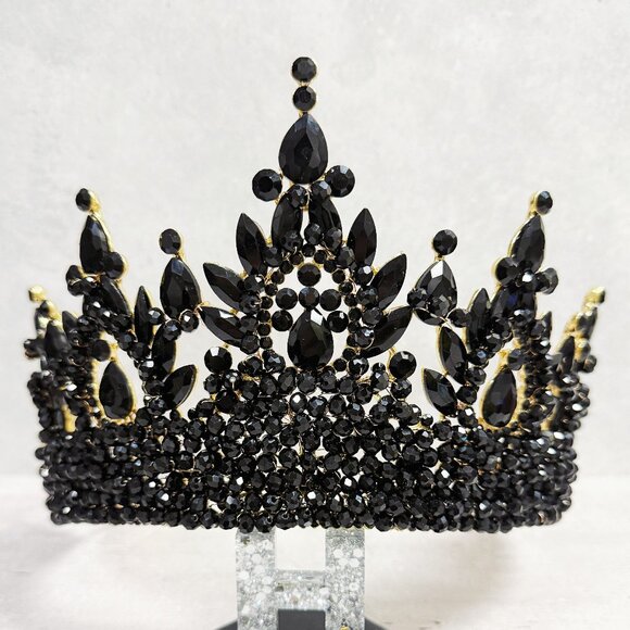Luxury Black Crystal Crown, Gothic Queen Headdress, Prom Tiara, Gold Crown main image 4